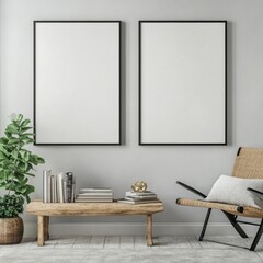Two blank posters on a wall above a wooden bench and chair.