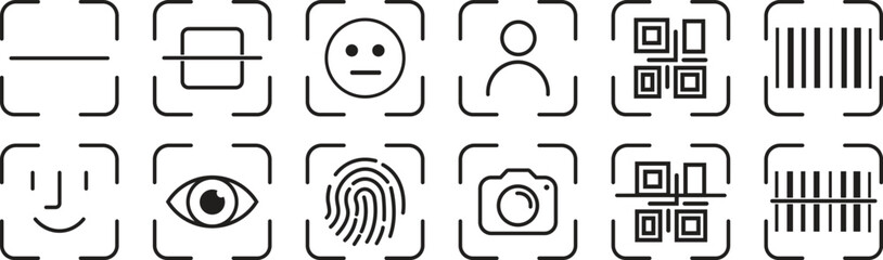 Recognition, biometric identification icon set. QR Code, Bar Code, fingerprint, face recognition and retinal scan icons. Authentication and cyber security vector graphic editable stroke.