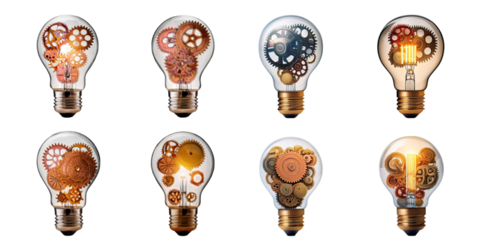 Vintage Light Bulbs with Gears Illustrating Creative Energy Concepts, PNG bundle collection, Isolated on Transparent Background