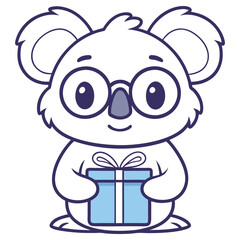 Cute Koala Cartoon Holding Blue Gift Box Character Design With Transparent Background