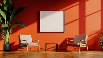 Orange Room Interior Design with Empty Frame - Modern minimalist living room with two armchairs, a coffee table