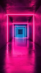 Neon-lit corridor with vibrant pink and blue lights creating an immersive tunnel effect at nighttime