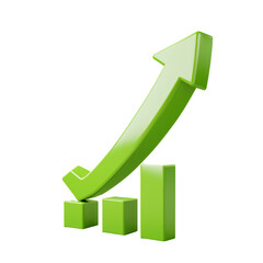Green 3D Bar Graph Showing Growth or Progress in Business, Finance, or Data Analysis, Featuring Four Vertical Bars and an Upward Arrow, png isolate on white transparent background HD photo Download.