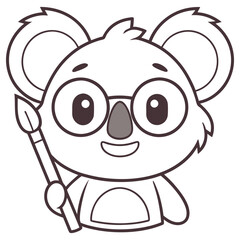 Koala Artist with Glasses Holding Paintbrush Outline Style On Transparent Background
