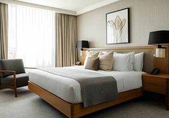 Modern hotel bedroom with king bed, armchair, and large window.