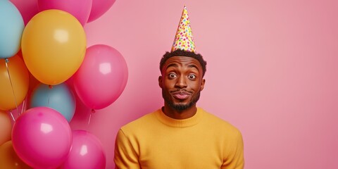 Man celebrates birthday with colorful balloons and a festive hat in a cheerful setting