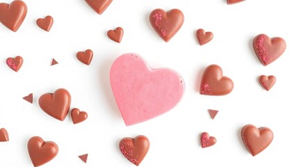 Heart-shaped chocolates in various shades of pink and brown, arranged on a white background