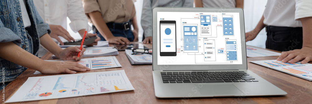 Poster UX UI design process for brisk mobile application and website . Creative prototype of wireframe for professional app developer .