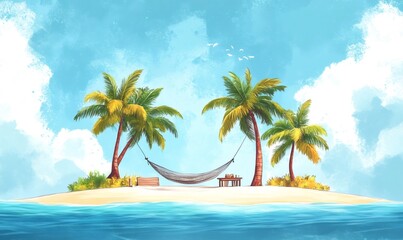 Obraz premium Hammock hanging between palm trees on idyllic tropical island with chessboard and drinks, concept of vacation, leisure and freedom