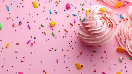 Pink Cupcakes with Sprinkles - Delicious pink cupcakes topped with swirls of frosting and colorful sprinkles on a pink background. Perfect for birthday celebrations or sweet treats
