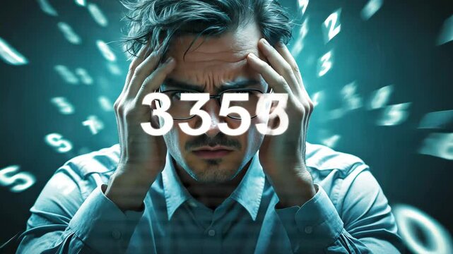 Stressed man surrounded by floating numbers in digital data overload animation
