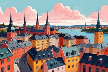 Obraz premium Colorful skyline of a historic city with spires and water at sunset