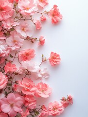 Obraz premium Delicate coral roses cascade across a pristine white surface creating a soft romantic floral arrangement perfect for spring