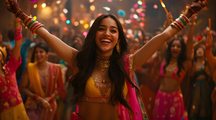 A young woman with long dark hair joyfully celebrates at a vibrant Indian wedding, surrounded by dancers and colorful confetti.