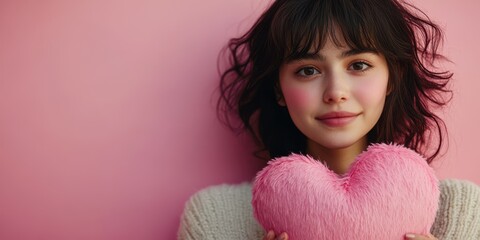 Young woman holds a pink heart-shaped cushion against a soft pink background in a cozy indoor setting