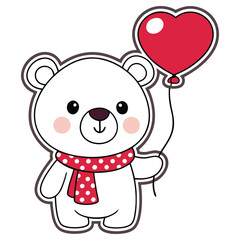 Cartoon White Bear with Red Polka Dot Scarf Holding Heart Balloon, Transparent Background