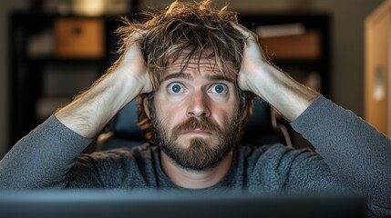 A man is sitting at his desk with disheveled hair, holding his head in frustration. The room is dimly lit, creating an atmosphere of anxiety and a sense of urgency as he works late