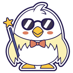 Naklejka premium Cartoonish Chicken with Sunglasses Bowtie and Magic Wand on White Background