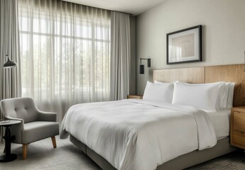 Modern hotel room with king bed, armchair, and large window.