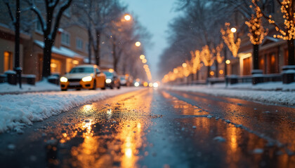 Winter street scene. Snow falls, lights create magical atmosphere. Wet road reflects lights, car lights add dynamism. Cold, urban landscape. Night with snowfall.