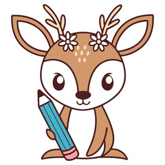Cute Cartoon Fawn with Flowers and Pencil on a Transparent Background Design