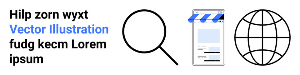 Magnifying glass highlights focus, web page adds digital utility, globe visualizes global reach. Ideal for search, technology, internet, globalization, online learning, marketing simple landing page