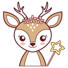 Cute Fawn Character with Flowers and Star Wand on Transparent Background