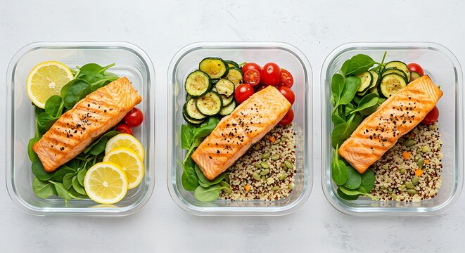 Prepared Salmon Meal Prep Containers with Quinoa and Fresh Vegetables