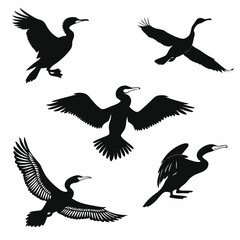 cormorant icon set black silhouette vector bundle