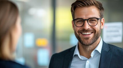 Fototapeta premium Career development networking mentorship coaching. Smiling man in glasses engaged in conversation indoors.