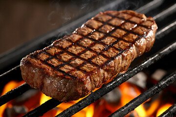 close-up shot focusing on the grill marks on a steak being cooked over hot