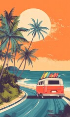 Red vintage van carrying surfboards driving on a coastal road at sunset, with palm trees and a large sun in the background