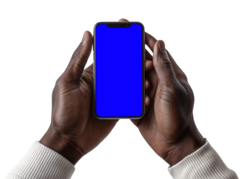 A black man holding a smarthphone with a blue screen., isolated over transparent background, PNG cut-out	

