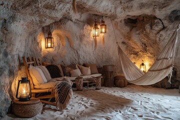 Cozy rustic cave interior with hammock, wooden furniture, and lantern lighting