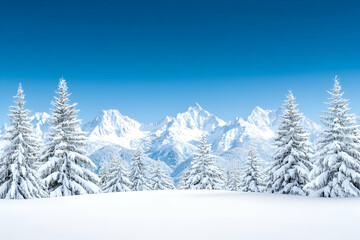 Fototapeta premium Snow-covered evergreen trees before majestic, snow-capped mountains under a vibrant blue sky