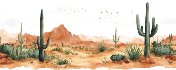 Scenic desert landscape with cacti, mountains, and sand dunes, depicted in a watercolor painting style