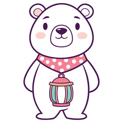 Cute Cartoon Polar Bear with Scarf Holding Lantern on Transparent Background