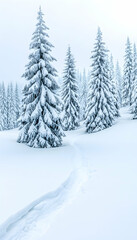 Naklejka premium Snow-covered evergreen trees in a winter wonderland, path through deep snow