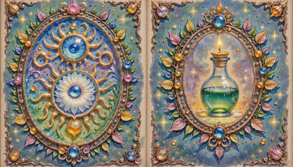 Fototapeta premium Enchanted potion with swirling light and decorative frame, magical beauty