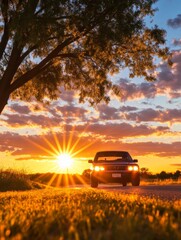 Fototapeta premium Sunset Silhouette Classic Car Drive - A classic car drives into a vibrant sunset, symbolizing adventure, freedom, journey, nostalgia, and the beauty of nature