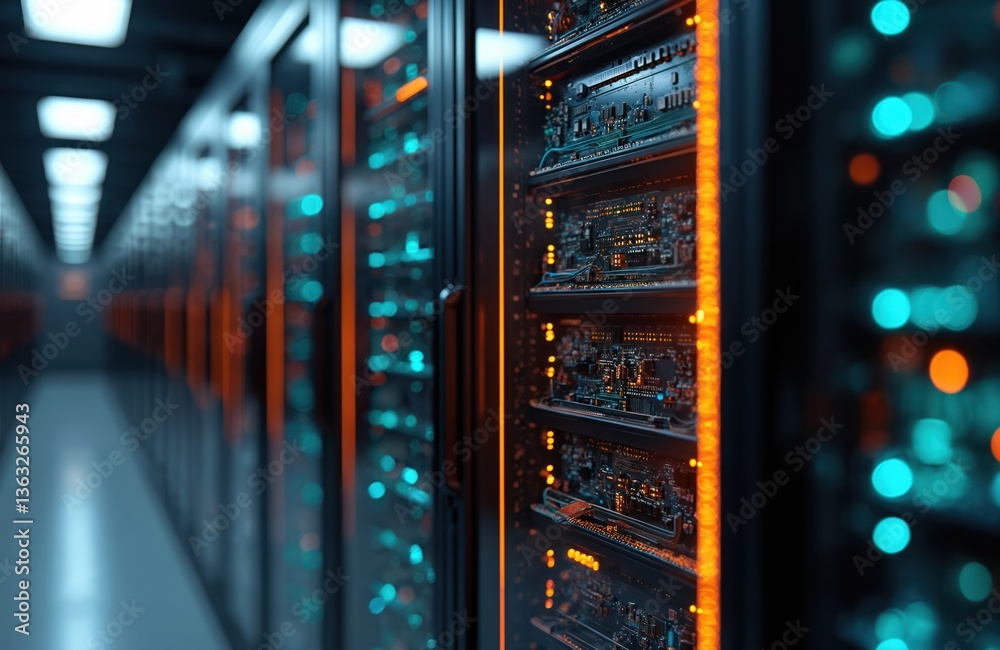 Poster Futuristic hi-tech data storage server rack, neon computing design. Illustration of generative AI tech, digital service, computer network, datacenter, database, server, hosting center.