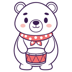 Cute White Bear Holding Drum with Polka Dot Scarf on Transparent Background