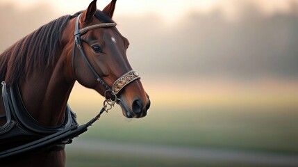close-up image of elegant horse adorned with ornate reins pulling classic carriage isolated against softly blurred