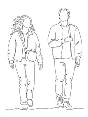Man and woman talking walking. Wear jackets.  Front view. Continuous line drawing. Black and white vector illustration in line art style.