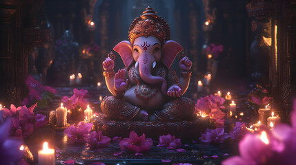 A 3D render of Lord Ganesha, adorned in gold, sits serenely amidst flickering candles and vibrant purple flowers in a dimly lit temple setting.  The image evokes a sense of peace and spirituality.
