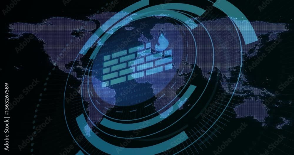 Poster animation of digital firewall icon over world map with binary code patterns