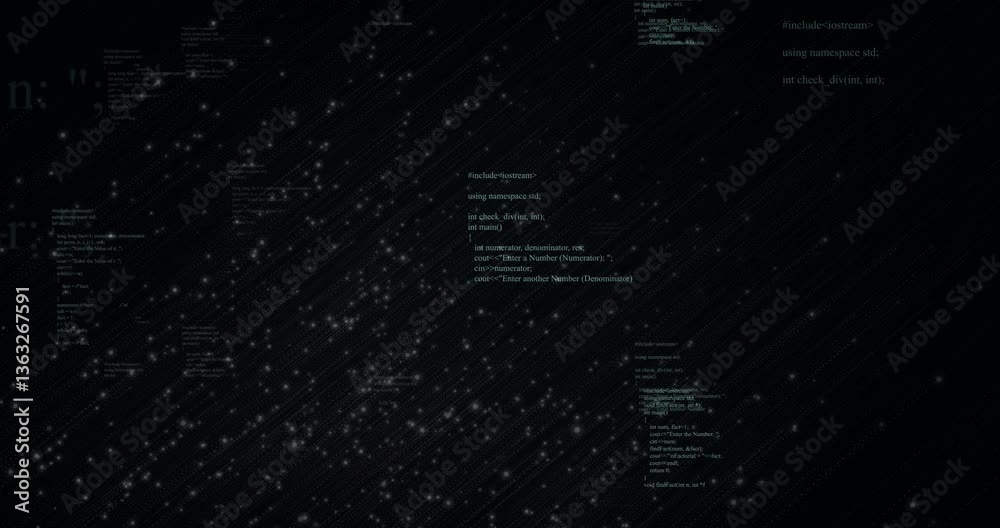 Poster Animation of computer code and text floating over glowing particles background