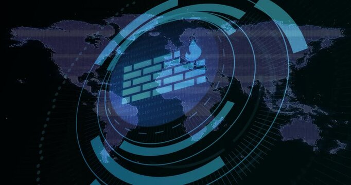 Animation of digital firewall icon over world map with binary code patterns