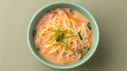 delicious bowl of ramen noodles in light broth, garnished with green onions and colorful vegetables, evokes warmth and comfort