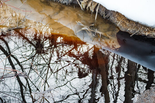 Fuels and lubricants in the water, black fuel oil in the river, environmental pollution - Powered by Adobe